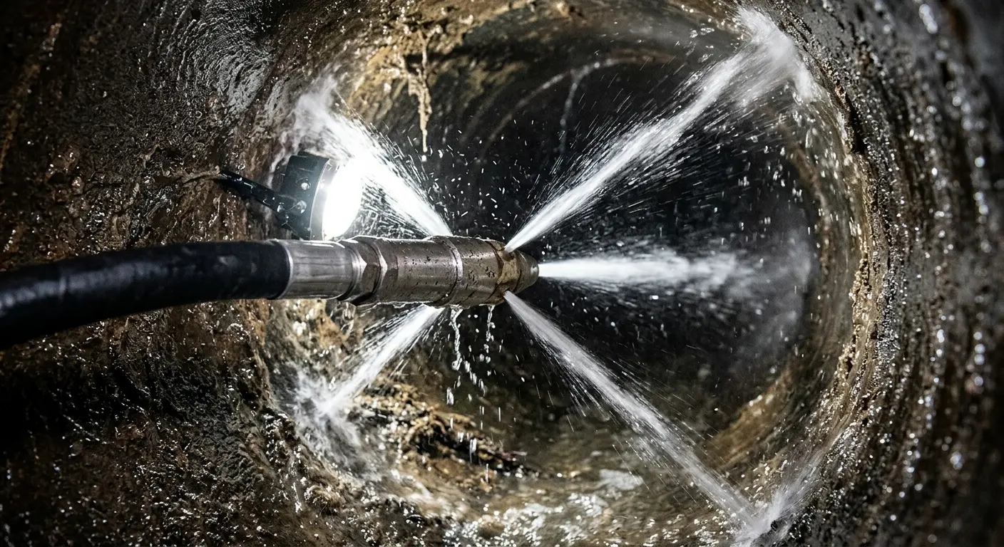 High-pressure hydro jetting nozzle cleaning sewer pipe for Emergency Drain Service in Artondale