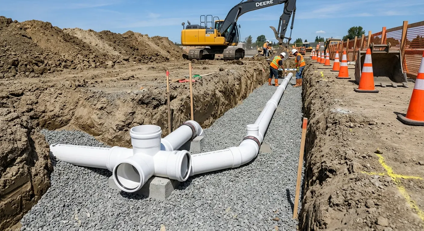 New PVC sewer pipe installation in open trench for Commercial Drain Cleaning in Artondale