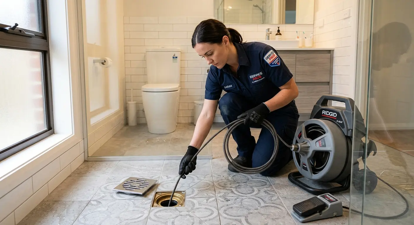 Technician clearing a bathroom floor drain for Hydro Jetting in Artondale